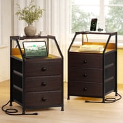 GUNAITO Led Nightstand Set of 2 with Charging Station Side Table with 3 Drawers End Table with Open Shelf Bedside Table with USB Ports and Outlets Nightstand for Bedroom,Brown