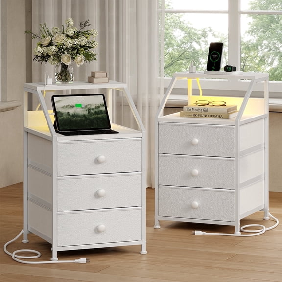 GUNAITO Led Nightstand Set of 2 with Charging Station Side Table with 3 Drawers End Table with Open Shelf Bedside Table with USB Ports and Outlets Nightstand for Bedroom,White