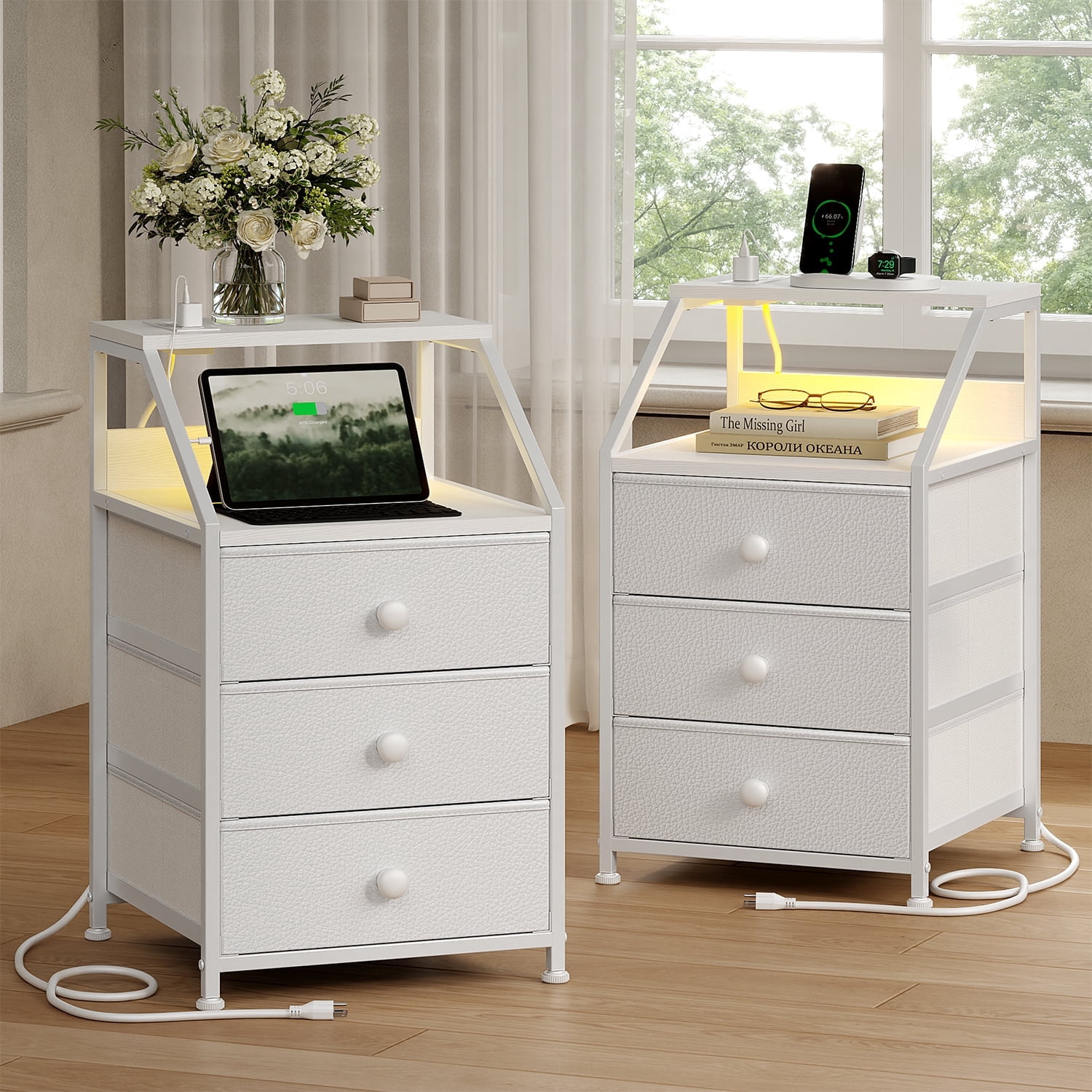 GUNAITO Led Nightstand Set of 2 with Charging Station Side Table with 3 Drawers End Table with Open Shelf Bedside Table with USB Ports and Outlets Nightstand for Bedroom,White