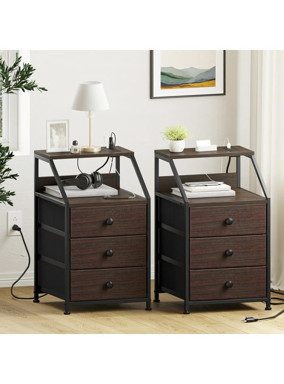 GUNAITO Nightstand with Charing Station & USB Ports End Table Set of 2 Modern End Table for Bedroom Living Room Rustic Brown