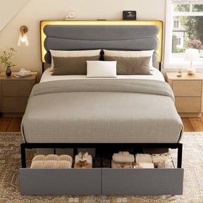 GUNAITO Queen Size Bed Frame with 2 Drawers, Upholstered Platform Bed with Charging Station and Adjustable Headboard, Grey