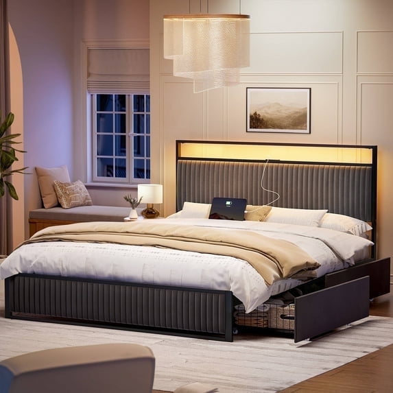GUNAITO Queen Bed Frame with Adjustable and Rechargeable Headboard,2 Storage Drawers and RGB LED Lights,Velvet Upholstered Platform Bed,Strong Metal Slats,No Box Spring Needed,Fast Assembly,Black