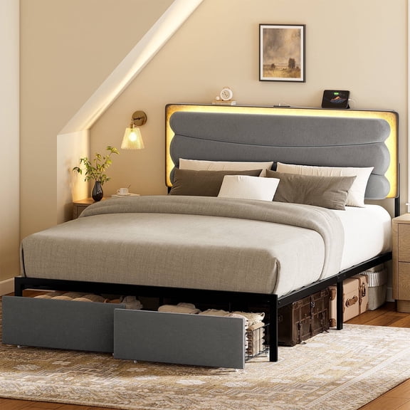 Gunaito Wavy Queen Bed Frame with 2 Storage Drawers & LED Light，Upholstered Platform Bed,Gray