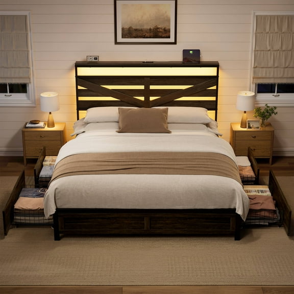 GUNAITO Queen Bed Frame with Storage Headboard & 4 Drawers, Dark Gray Industrial Metal Platform Bed with Charging Station and LED