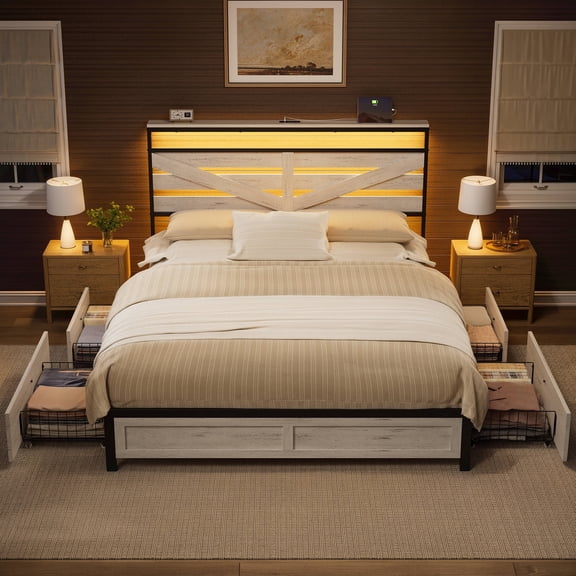 GUNAITO Queen Bed Frame with Storage Headboard & 4 Drawers, Industrial Metal Platform LED Bed with USB Ports & Outlets, Light Gray