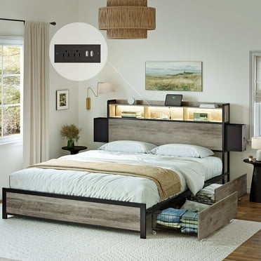 GUNAITO Queen Bed Frame with 2 Drawers Headboard Platform Bed Frame with LED Lights Charging Station Gray