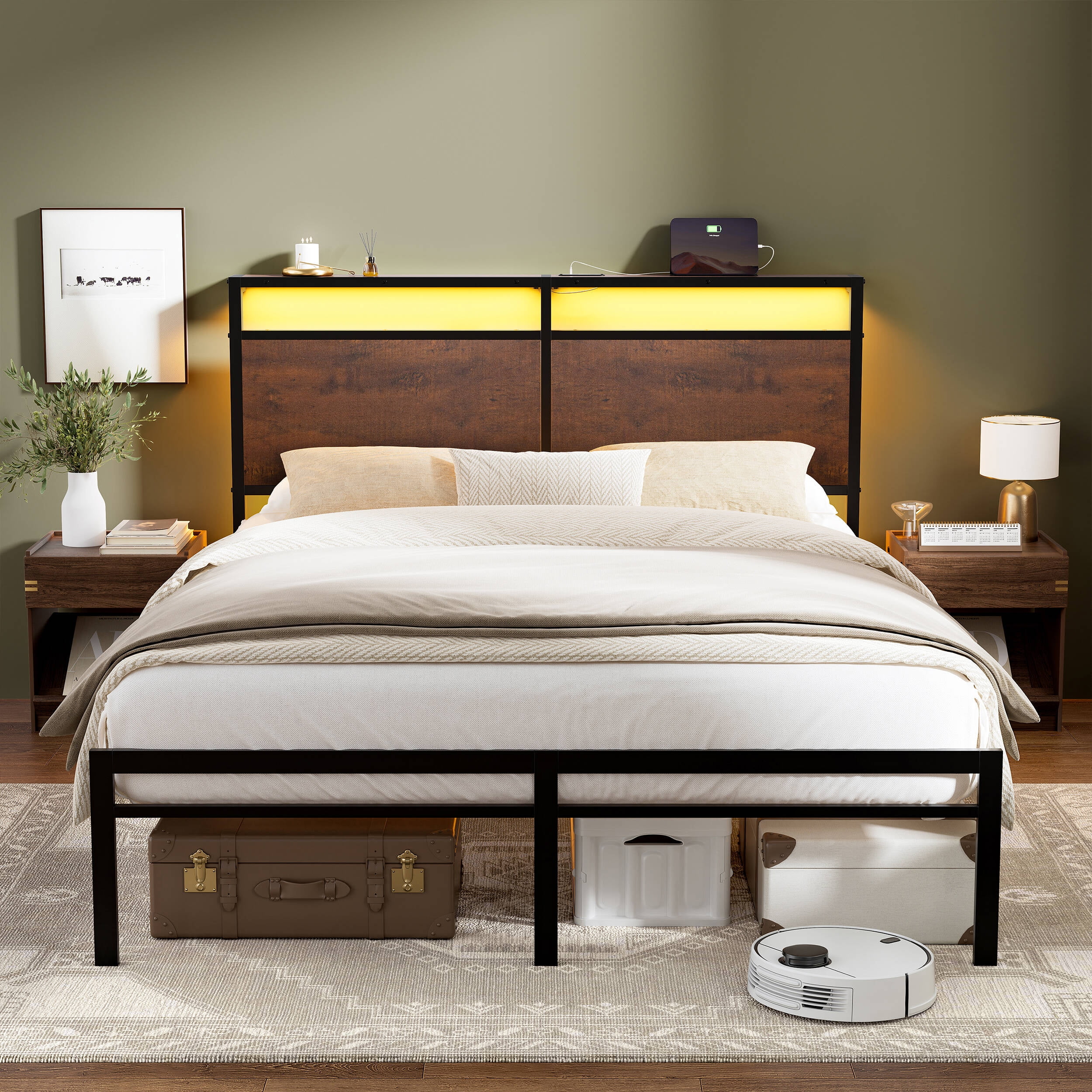 GUNAITO Queen Bed Frame with Headboard Metal Platform Bed with LED Lights and Charging Station, Rustic Brown