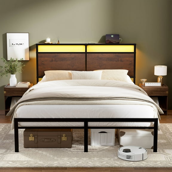 GUNAITO Queen Bed Frame with Headboard Metal Platform Bed with LED Lights and Charging Station, Rustic Brown