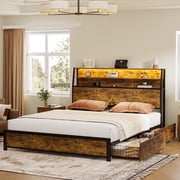 GUNAITO Queen Bed Frame with Storage Headboard, 2 Drawers Platform LED Bed Frame with USB Ports & Outlets Rustic Brown