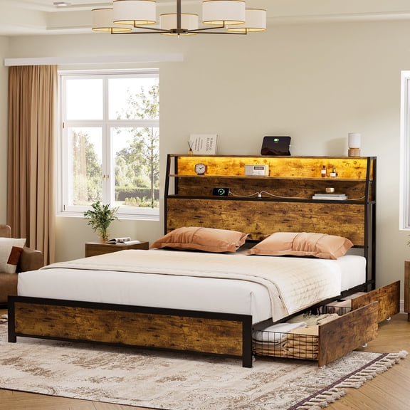 GUNAITO Queen Bed Frame with Storage Headboard, 2 Drawers Platform LED Bed Frame with USB Ports & Outlets Rustic Brown