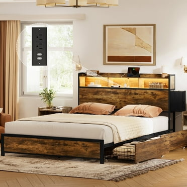 GUNAITO Queen Bed Frame with Storage Headboard, 2 Drawers Platform LED Bed Frame with USB Ports & Outlets Rustic Brown