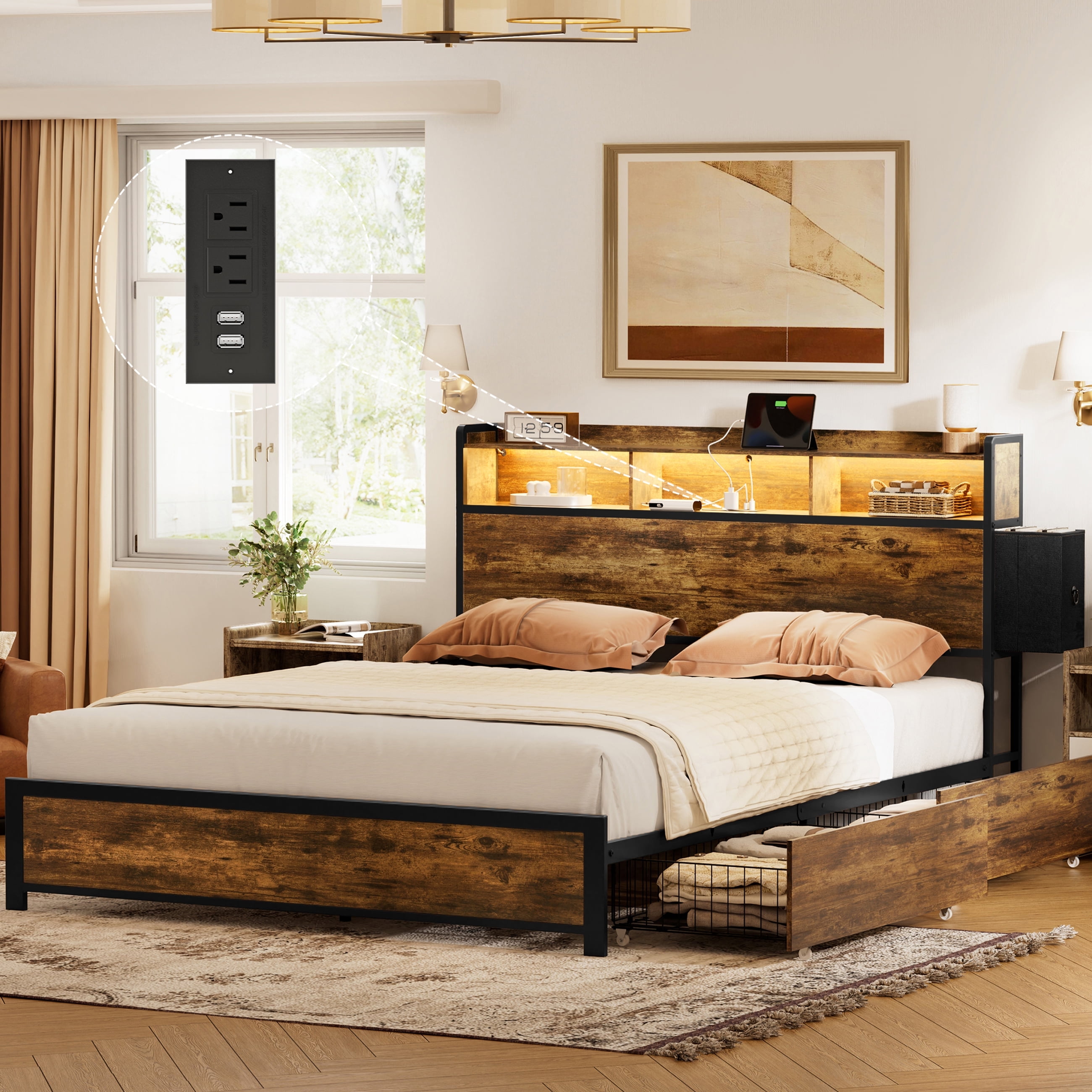GUNAITO Queen Bed Frame with Storage Headboard, 2 Drawers Platform LED Bed Frame with USB Ports & Outlets Rustic Brown GUNAITO Queen Bed Frame with Storage Headboard, 2 Drawers Platform LED Bed Frame with USB Ports & Outlets Rustic Brown