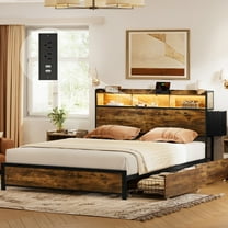 GUNAITO Queen Bed Frame with Storage Headboard, 2 Drawers Platform LED Bed Frame with USB Ports & Outlets Rustic Brown