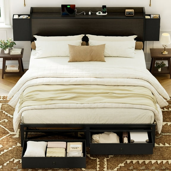 GUNAITO Queen Bed Frame with Storage Headboard Platform Bed with 2 Drawers Metal Bed with Charging Station, Dark Brown