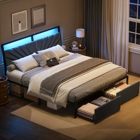 GUNAITO Queen Bed Frame with Storage Drawers, Platform Bed with Headboard, Metal Bed with Charging Station and LED, Dark Gray
