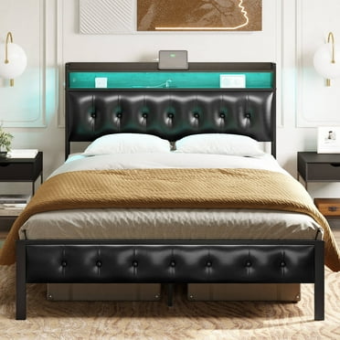 GUNAITO Queen Bed Frame with Storage Headboard Upholstered Platform Bed with LED Lights and Power Charging Station, Black