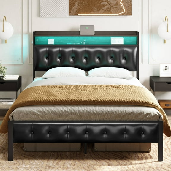 GUNAITO Queen Bed Frame with Storage Headboard Upholstered Platform Bed with LED Lights and Power Charging Station, Black