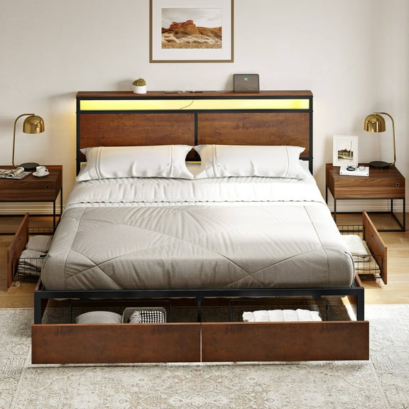 GUNAITO Queen Size Bed Frame with Headboard Storage Bed frame with 4 Drawers LED Platform Bed Frame with Charging Station Rustic Brown