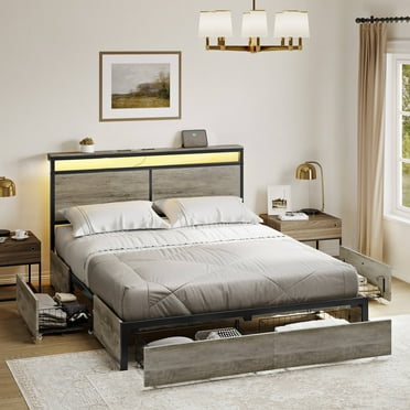 GUNAITO Queen Size Bed Frame with Headboard and 4 Storage Drawers LED Platform Bed Frame with Charging Station Gray