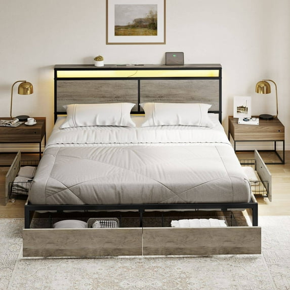 GUNAITO Queen Size Bed Frame with Headboard and 4 Storage Drawers LED Platform Bed Frame with Charging Station Gray