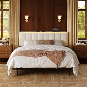 GUNAITO Queen Size Floating Bed Frame with Upholstered Storage Headboard, Metal Bed Frame with LED Light & Charging Station, No Spring Boxing Needed,Beige