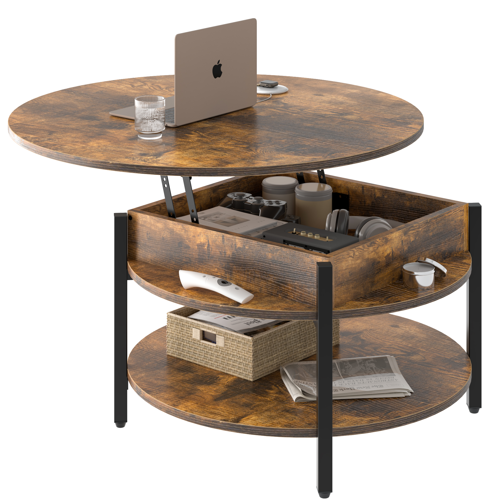 Behost Round Lift Top Coffee Table with Storage, Industrial Wood Coffee ...