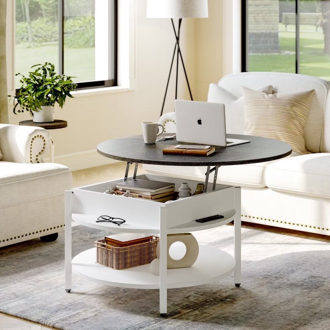 White sale Round Coffee Table On Wheels Two Shelf