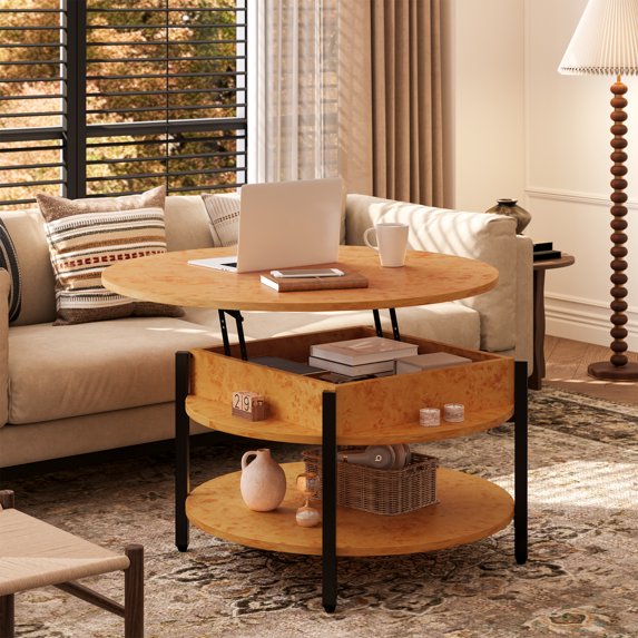 GUNAITO Round Lift Top Small Coffee Table with Storage, Modern Farmhouse Center Table with Shelf 2 Tier Circle Table for Living Room, Natural Burl