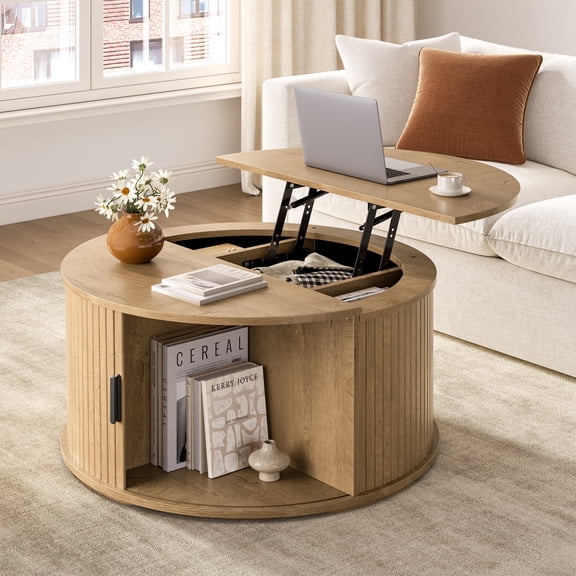 GUNAITO Round Lift Top Coffee Table with Storage and Sliding Door, Wooden Center Table for Living Room, Natural wood