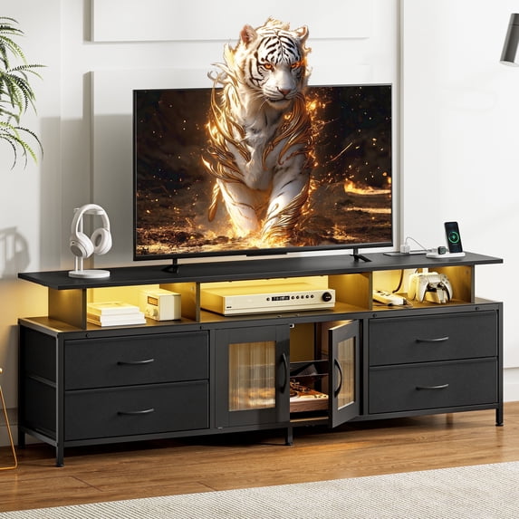 GUNAITO TV Stand for TV up to 70", Big TV Stand for Living Room Entertainment Center with LED Lights and 4 Fabric Drawers , Black