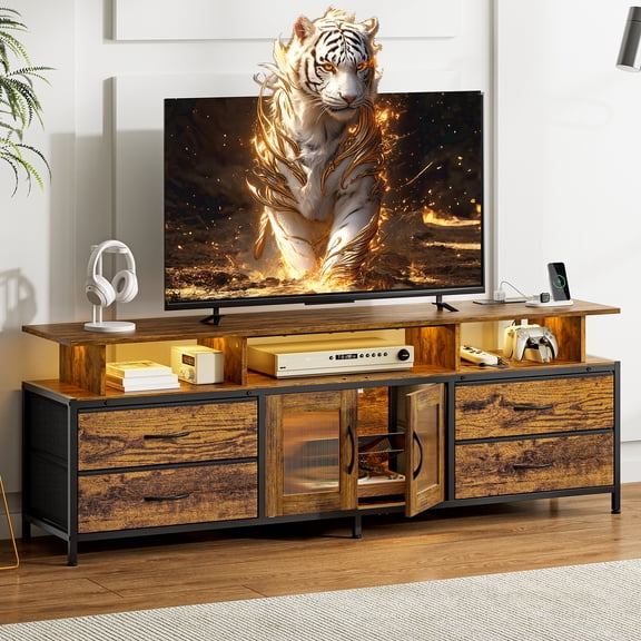 GUNAITO TV Stand for TV up to 75", Big TV Stand for Living Room Entertainment Center with LED Lights and Storage , Brown