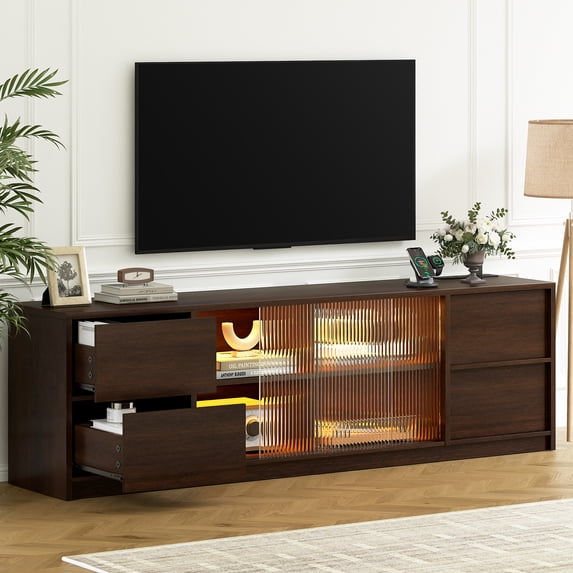 GUNAITO TV Stand for TVs up to 75", Big TV Stand for Living Room with 4 Drawers and LED Lights, Entertainment Center with Storage, Walnut