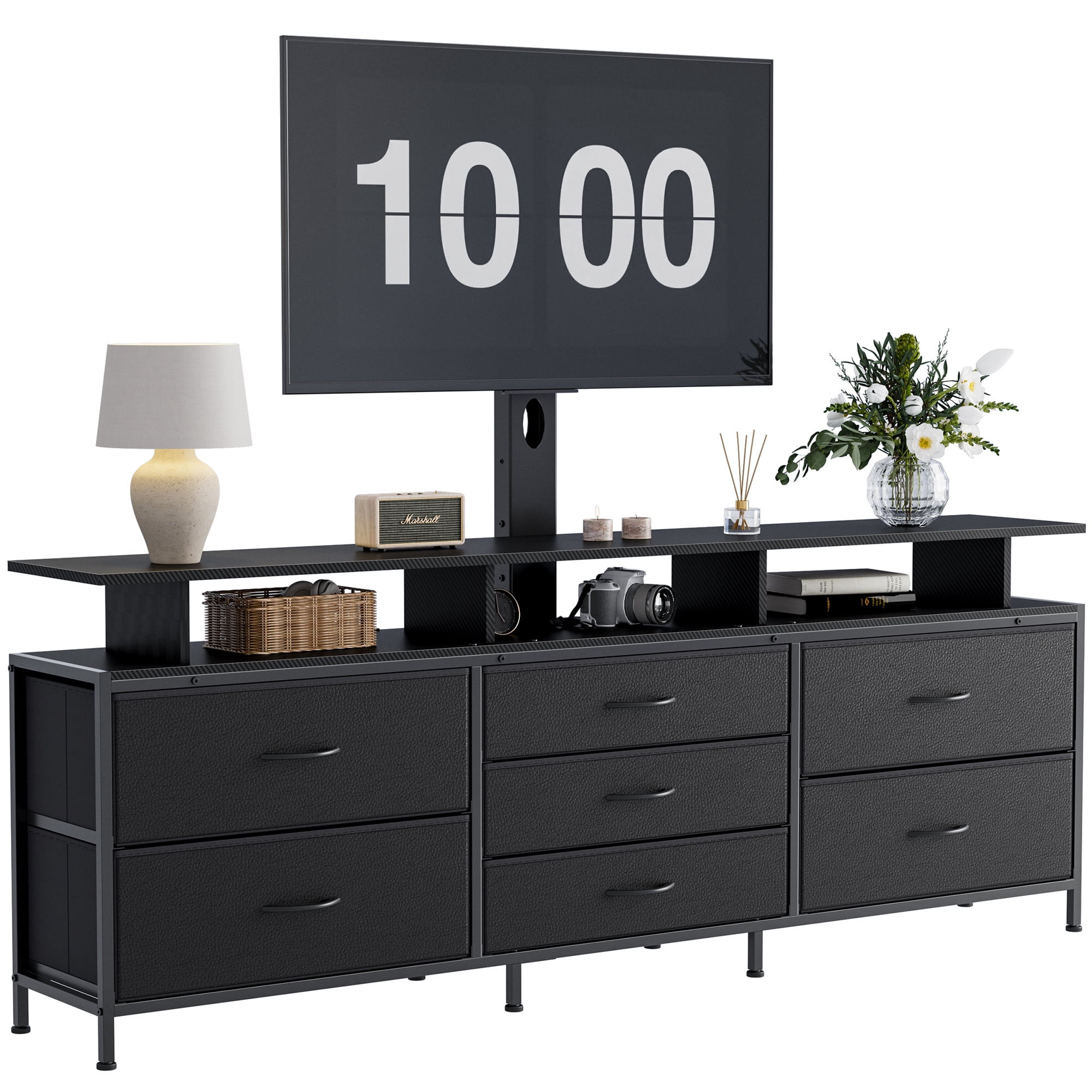GUNAITO TV Stand with Adjustable Mount for TV up to 75", Big TV Stand for Living Room with 7 Fabric Drawers , Black