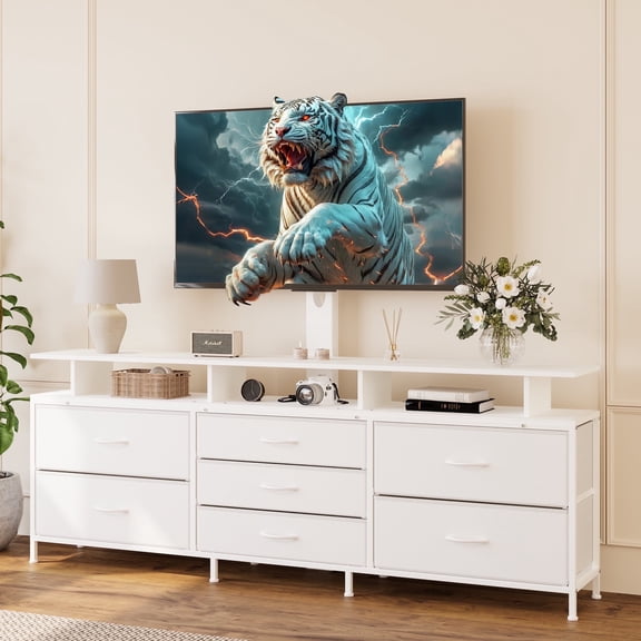 GUNAITO TV Stand with Adjustable Mount for TV up to 75", Big TV Stand for Living Room with 7 Fabric Drawers, White
