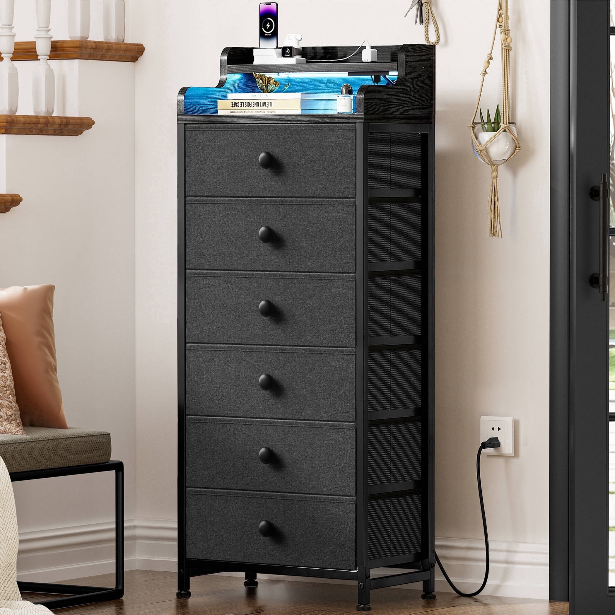 GUNAITO Led Dresser for Bedroom 6 Drawers Tall Fabric Closet Chests of Drawers,Grey