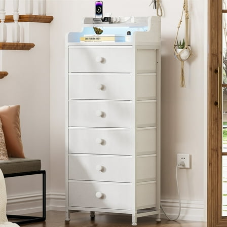 GUNAITO Tall Led Dresser for Bedroom with 6 Drawers Chest of Drawers Fabric Storage Bin White