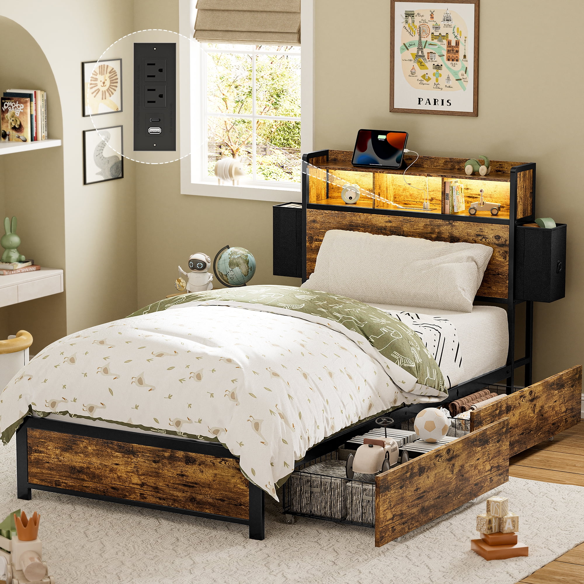 GUNAITO Twin Bed Frame with 2 Drawers Platform Bed Frame with with LED Lights&Charging Station Rustic Brown