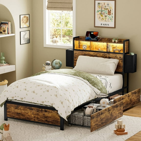 GUNAITO Twin Bed Frame with 2 Drawers Platform Bed Frame with with LED Lights&Charging Station Rustic Brown