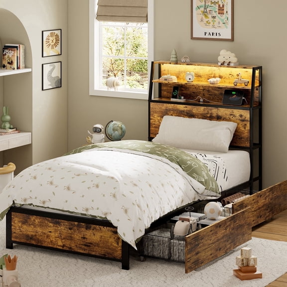 GUNAITO Twin Bed Frame with Storage Headboard, 2 Drawers Platform LED Bed Frame with USB Ports & Outlets Brown