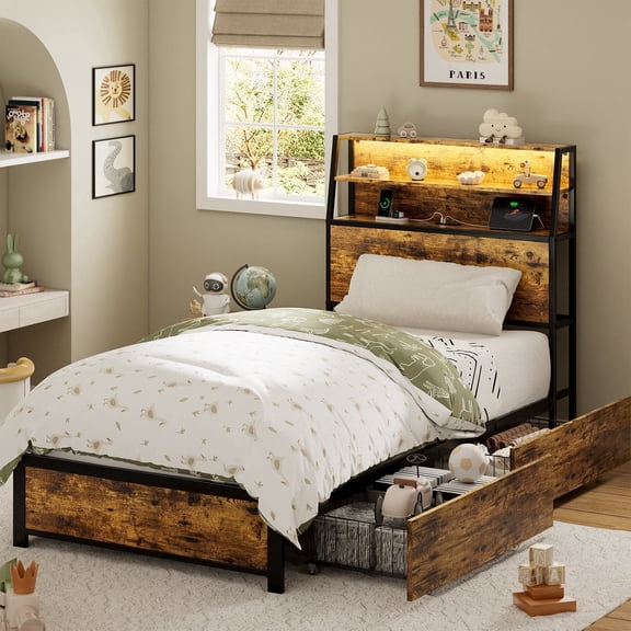 GUNAITO Twin Bed Frame with Storage Headboard, 2 Drawers Platform LED Bed Frame with USB Ports & Outlets Brown