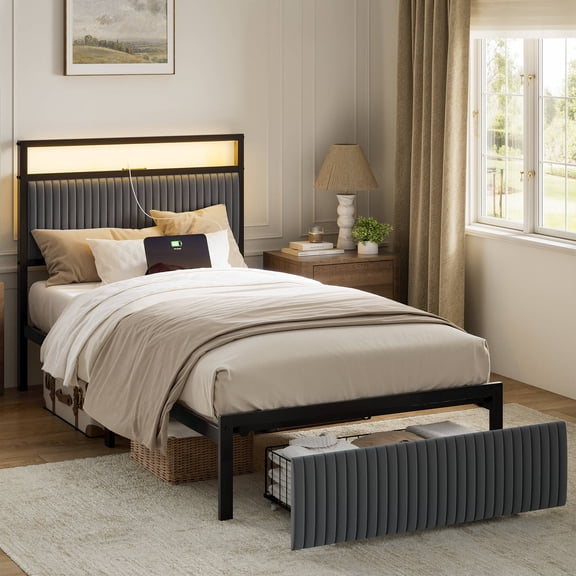 GUNAITO Twin Size Bed Frame with Headboard, Platform Bed with 2 Drawers, Velvet Upholstered Bed Frame with LED Lights & Charging station，Grey
