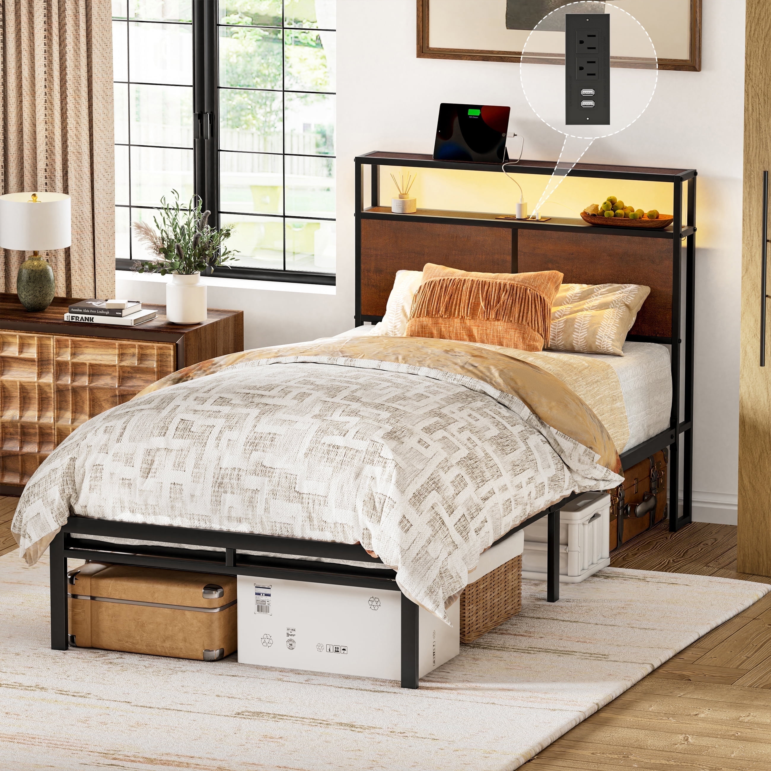 GUNAITO Twin Size Bed Frame with Headboard Metal Platform Bed with LED Lights and Charging Station Rustic Brown