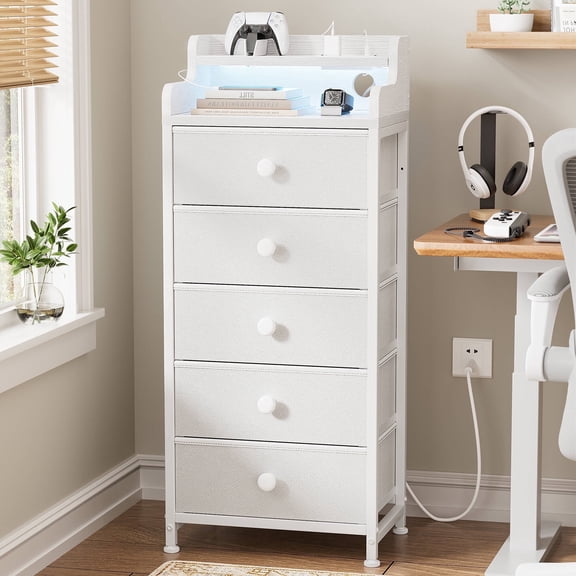 GUNAITO Led Dresser for Bedroom with 5 Drawers Tall Narrow Chest of Drawers Fabric Storage Dresser for Adults,White