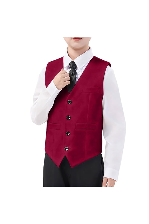 Boys Formal Vest Elegant Breasted Sleeveless With Adjustable Back For Wedding Pageant Performance 3-17 Years Red