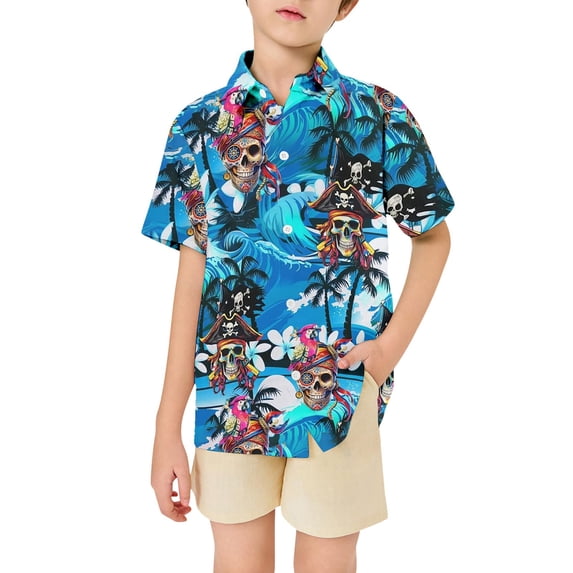 GUNIA Boys Hawaiian Shirt Short Sleeve Casual Button Down Kids Beach Vacation Shirts Tropical Summer Tops 3-13 Years Blue
