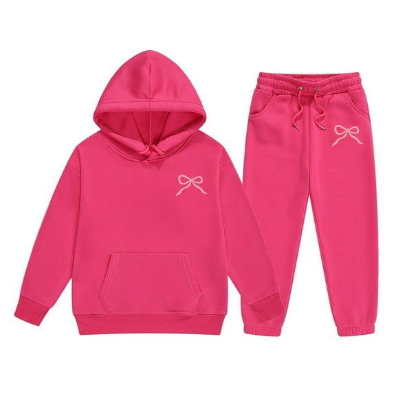 GUNIA Girls 2 Piece Outfits Hoodie Sweatsuit Sets Bow Winter Comfy Casual Kids Clothes With Stylish Print Toddler To Teen Tracksuit Sweatshirt And Sweatpants Joggers Set Pink 10-11 Years