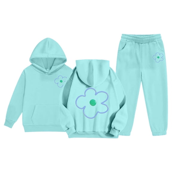 GUNIA Girls 2 Piece Outfits Hoodie Sweatsuit Sets Casual Flower Print Pants Tracksuit Kids Youth Fashion Comfortable Soft Warm Sweatshirt And Sweatpants Joggers Set Mint Green 12-13 Years