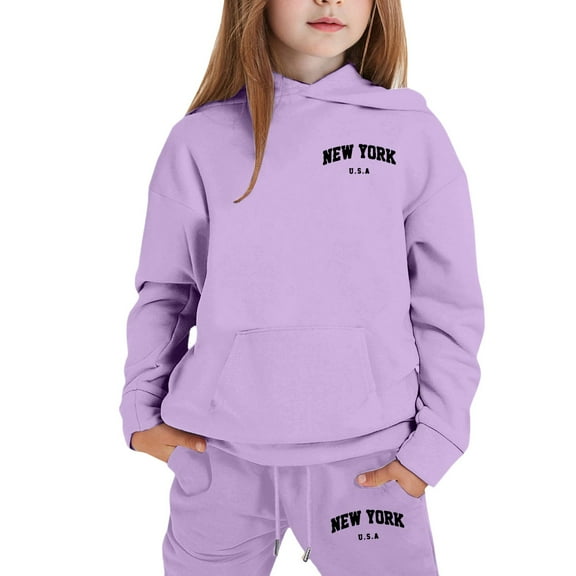 GUNIA Girls 2 Piece Outfits Hoodie Sweatsuit Sets City Graphic Jogger Cute Casual Two Piece Outfit With Letter Print Top Pants Tracksuit Sweatshirt And Sweatpants Joggers Set Purple 11-12 Years