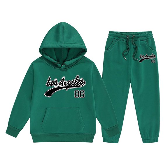 GUNIA Girls 2 Piece Outfits Hoodie Sweatsuit Sets City Winter Comfy Casual Kids Clothes With Stylish Print Tracksuit Sweatshirt And Sweatpants Joggers Set Dark Green 12-13 Years