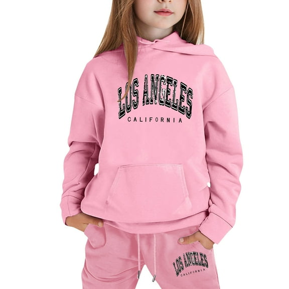 GUNIA Girls 2 Piece Outfits Hoodie Sweatsuit Sets Stylish Casual Winter Wear Trendy City Printed Hooded Ages 1-9 Tracksuit Sweatshirt And Sweatpants Joggers Set Pink 4-5 Years